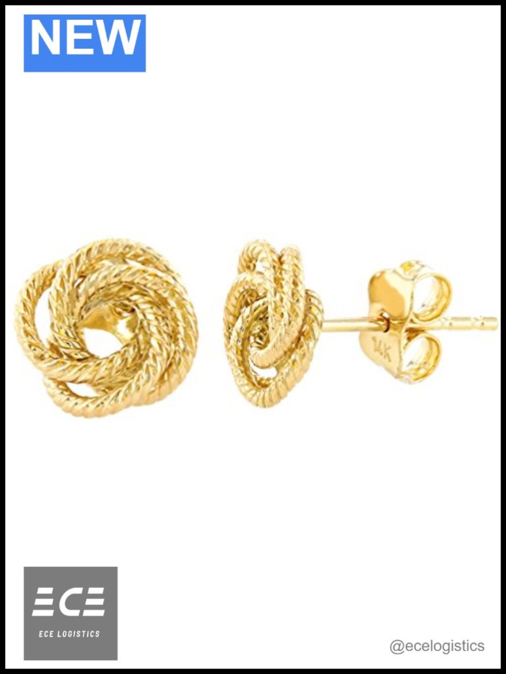 14K Yellow Gold Twisted Love Knot Stud Earrings 9mm Rope Design